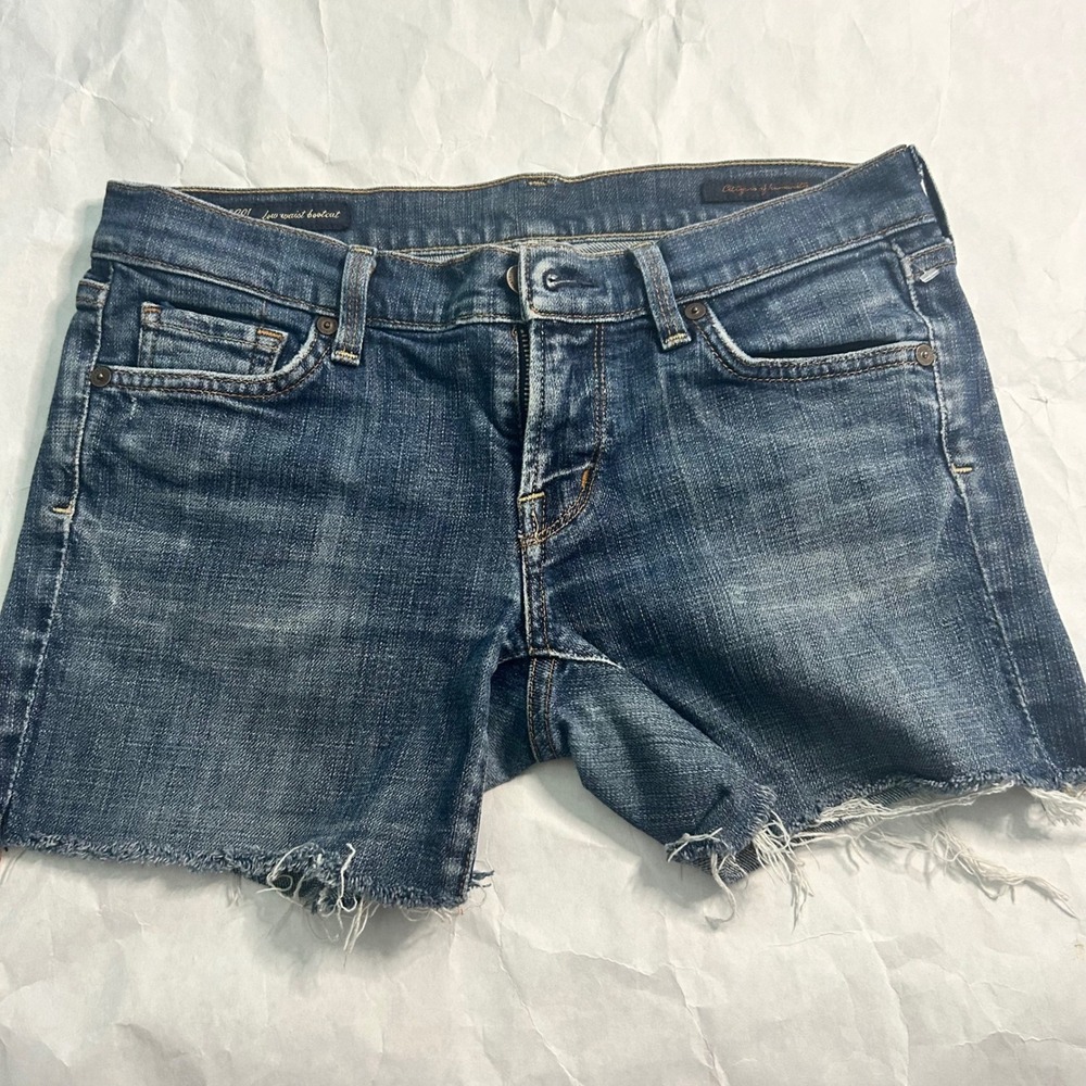 7‎ For All Mankind Womens Denim Shorts Kelly Stretch Blue Frayed Hem Size 29